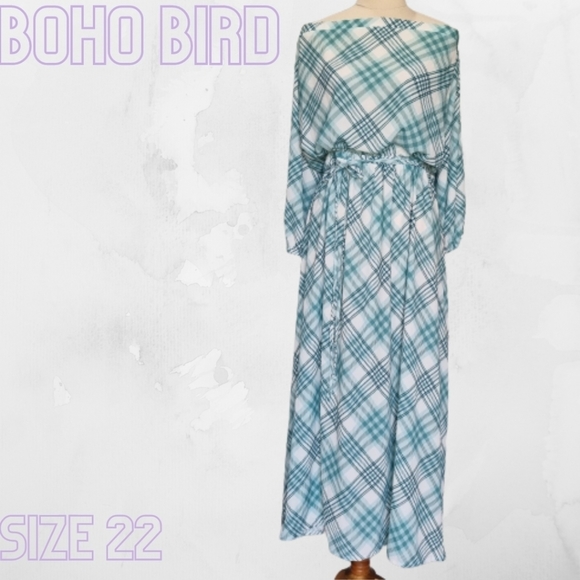 Boho Bird Dresses & Skirts - Boho Bird Birdsnest White & Green Plaid Maxi Dress with Belt Plus Size 22